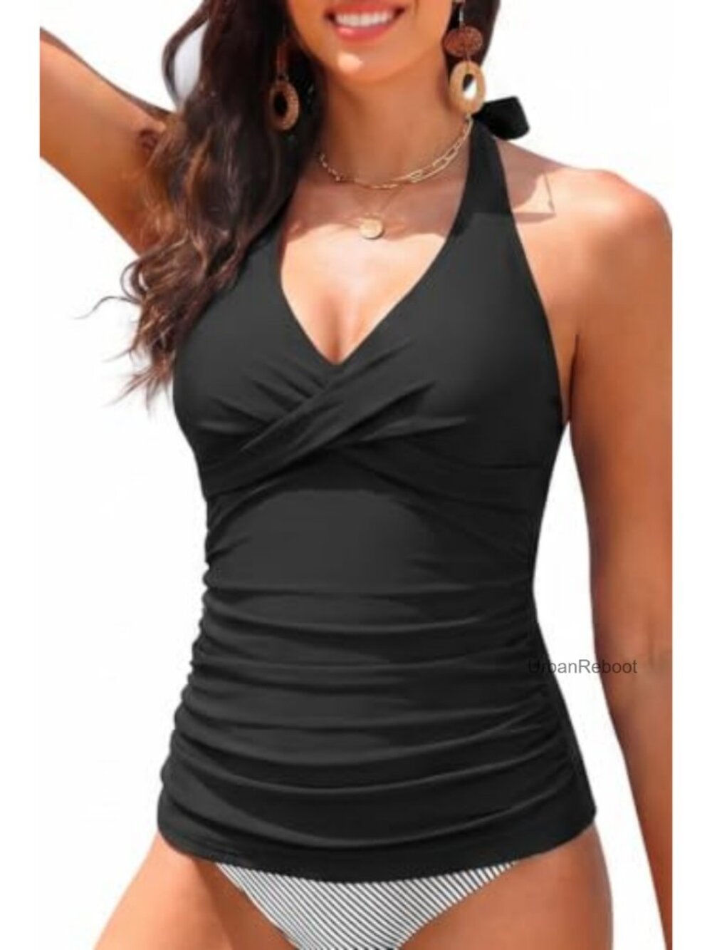 Tummy Control Tankini Top Halter Twist Front V Neck Swimsuit